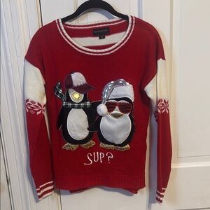 Festive Red and White Crew Neck Penguin Sweater